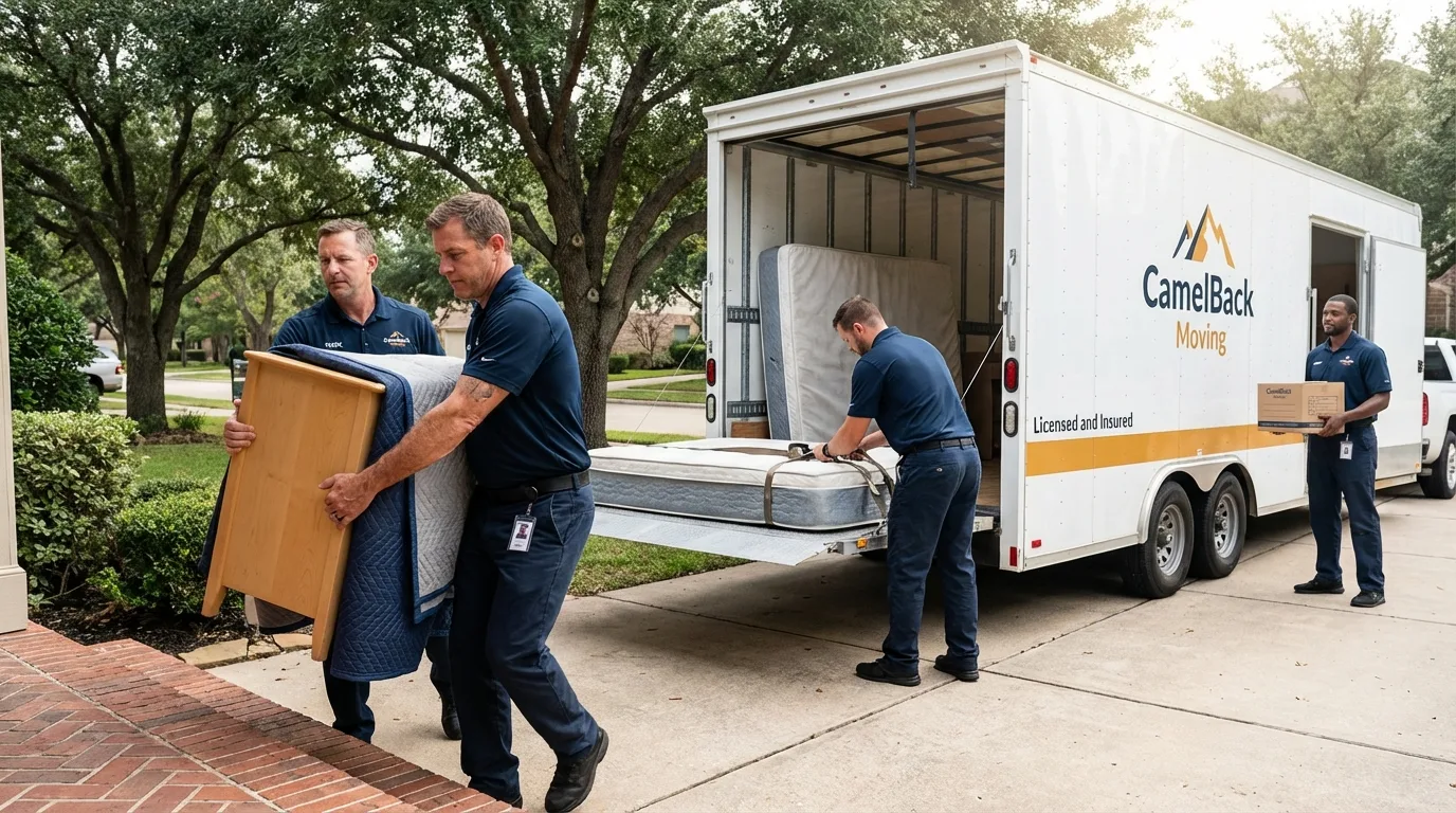 Crew loading residential truck for cross-state move from Livingston, TX
