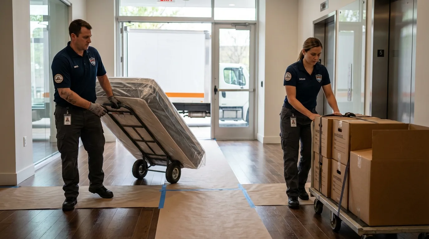 Professional apartment movers loading elevator in Livingston, TX
